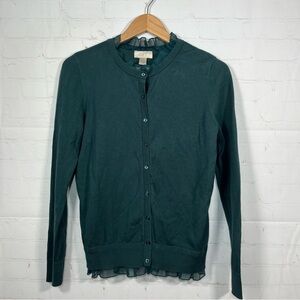 LOFT Cardigan Sweater Women’s Size Medium Green Button Up Ruffle Trim